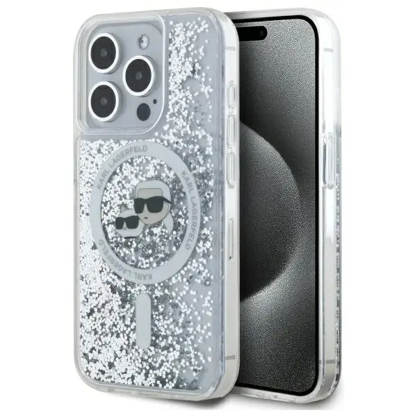 Etui Karl Lagerfeld Liquid Glitter Karl&Choupette Head MagSafe do iPhone 15 Pro Max Przezroczysty