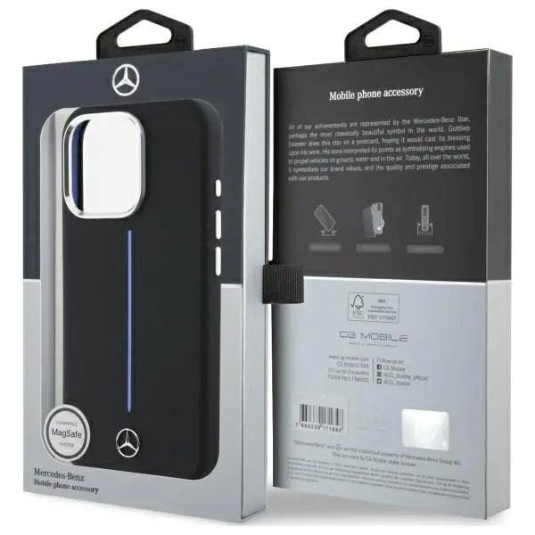 Etui Mercedes-Benz Silicone Blue Stripe MagSafe do iPhone 16 Pro Czarny