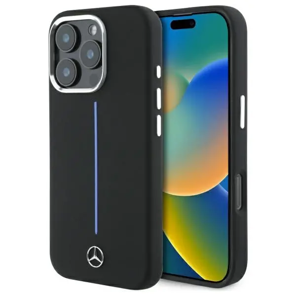 Etui Mercedes-Benz Silicone Blue Stripe MagSafe do iPhone 16 Pro Czarny