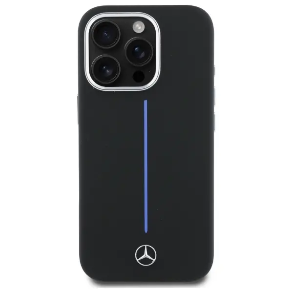 Etui Mercedes-Benz Silicone Blue Stripe MagSafe do iPhone 16 Pro Czarny