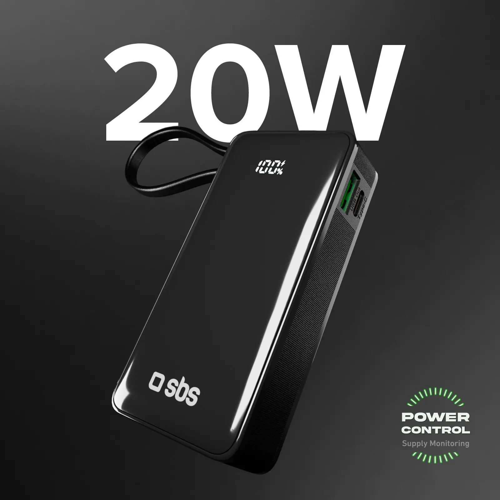 Powerbank SBS TTBB10000LCDTCPD20K 10000mAh PD 20W Wbudowany kabel USB-C Czarny