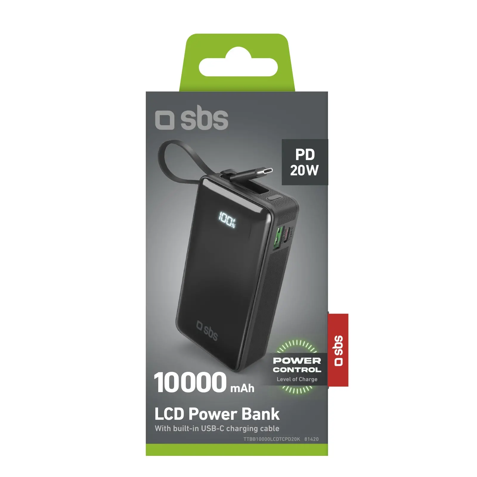 Powerbank SBS TTBB10000LCDTCPD20K 10000mAh PD 20W Wbudowany kabel USB-C Czarny