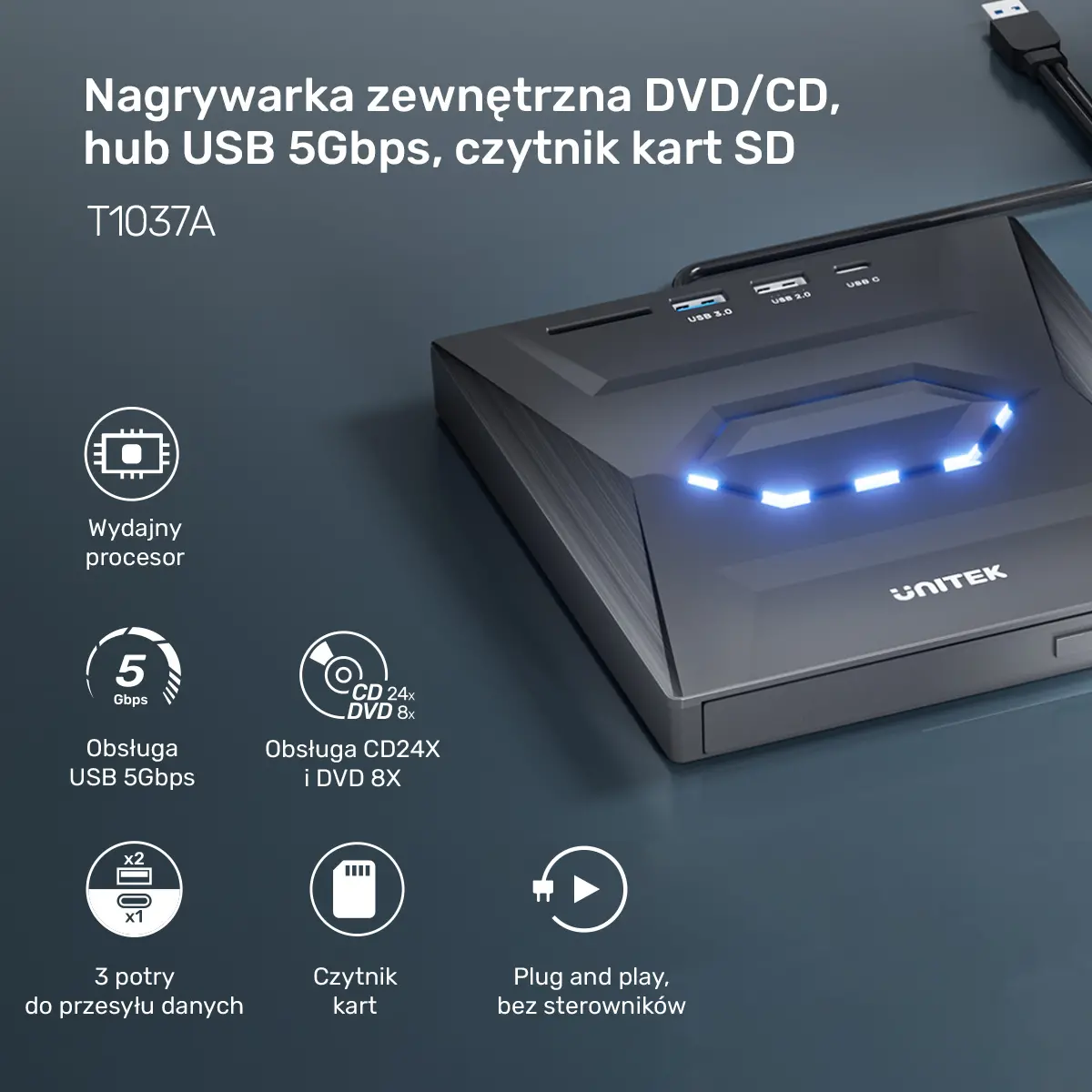 Nagrywarka Unitek T1037A01 Czarny