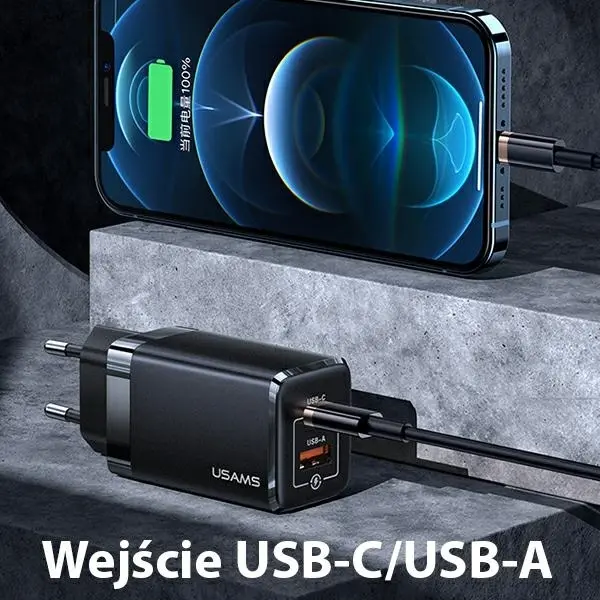 Ładowarka sieciowa USAMS USB-C+USB GaN 47W PD+QC Fast Charging Czarny