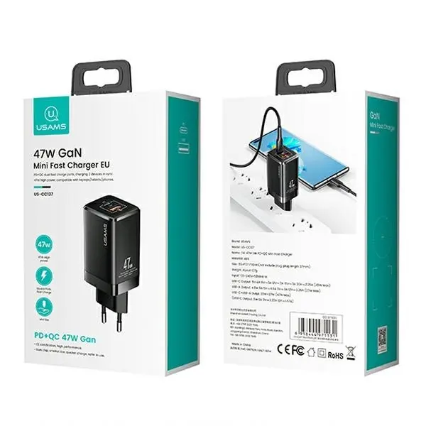 Ładowarka sieciowa USAMS USB-C+USB GaN 47W PD+QC Fast Charging Czarny