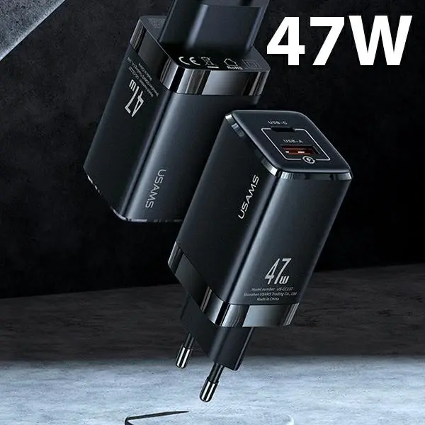 Ładowarka sieciowa USAMS USB-C+USB GaN 47W PD+QC Fast Charging Czarny