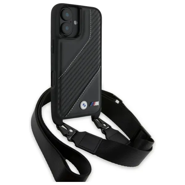 Etui BMW M Edition Carbon Stripe & Strap do iPhone 16 Plus Czarny