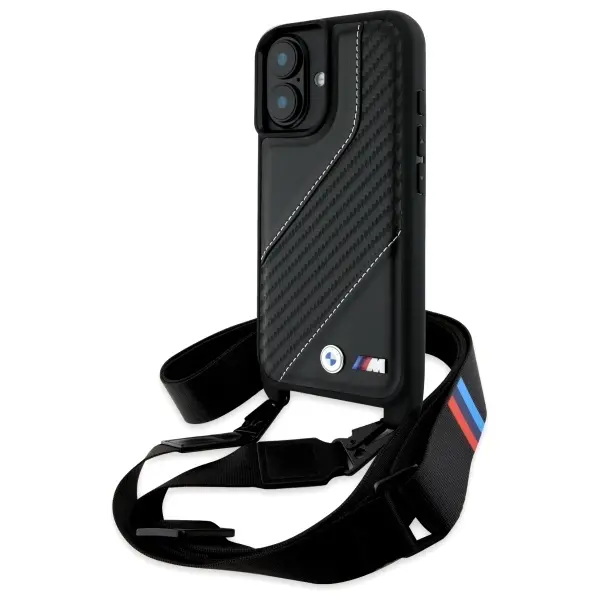 Etui BMW M Edition Carbon Stripe & Strap do iPhone 16 Plus Czarny