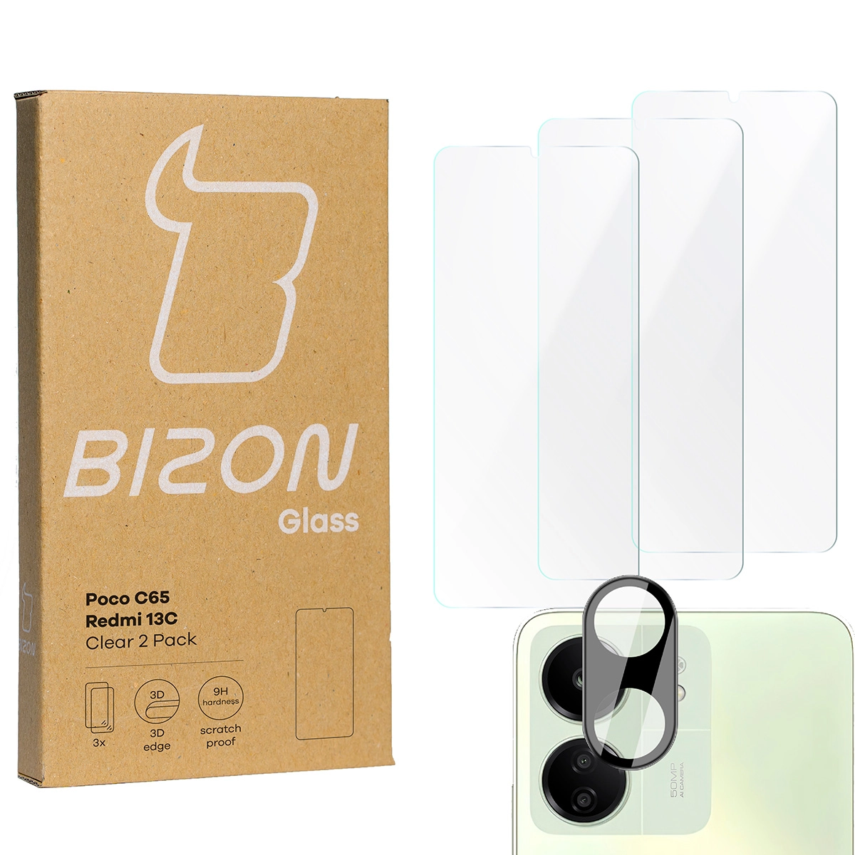 Zestaw ochronny Bizon 3x szkło + szybka na aparat Clear 2 Pack do Redmi 13C/Poco C65
