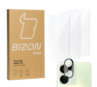 Zestaw ochronny Bizon 3x szkło + szybka na aparat Clear 2 Pack do Redmi 13C/Poco C65