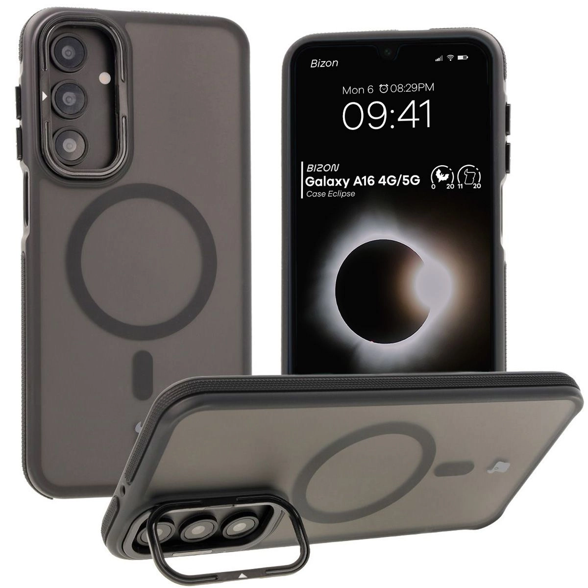 Etui Bizon Eclipse z MagSafe i podstawką do Galaxy A16 4G/5G Przydymione z czarną ramką