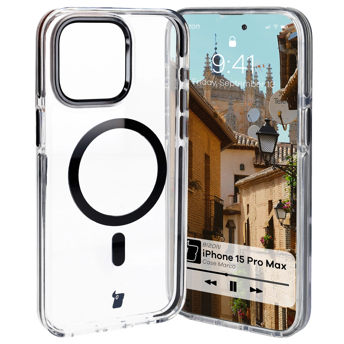 Etui Bizon Marco z MagSafe do iPhone 15 Pro Max Przezroczyste z czarną ramką