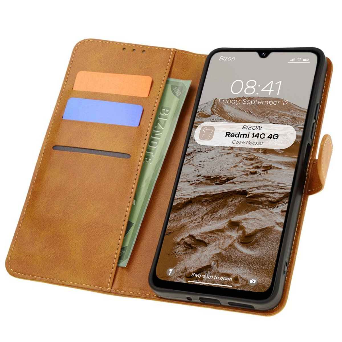 Etui Bizon z klapką Pocket do Xiaomi Redmi 14C 4G Brązowy
