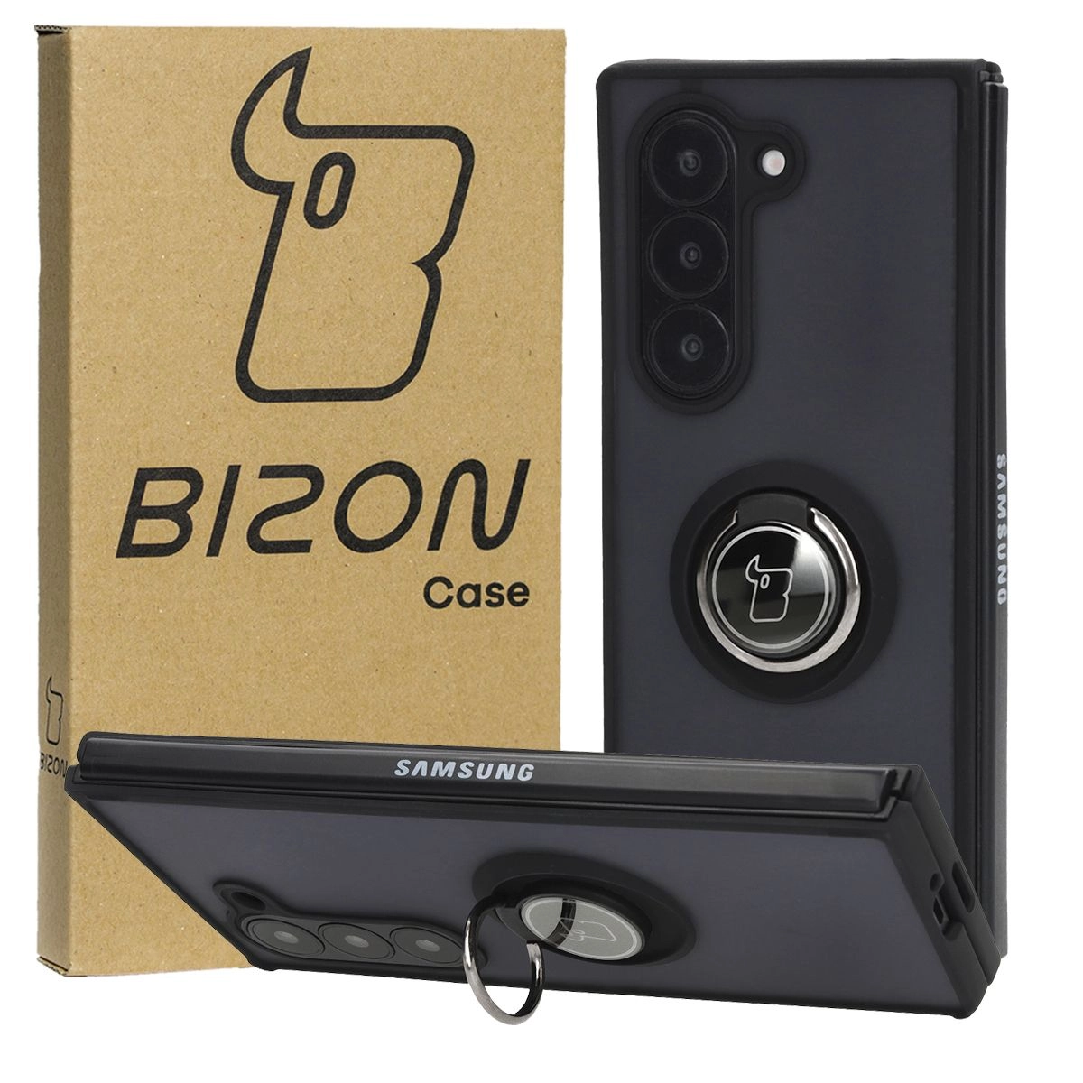 Etui Bizon z uchwytem na palec Hybrid Ring do Galaxy Z Fold6 Przydymione z czarną ramką