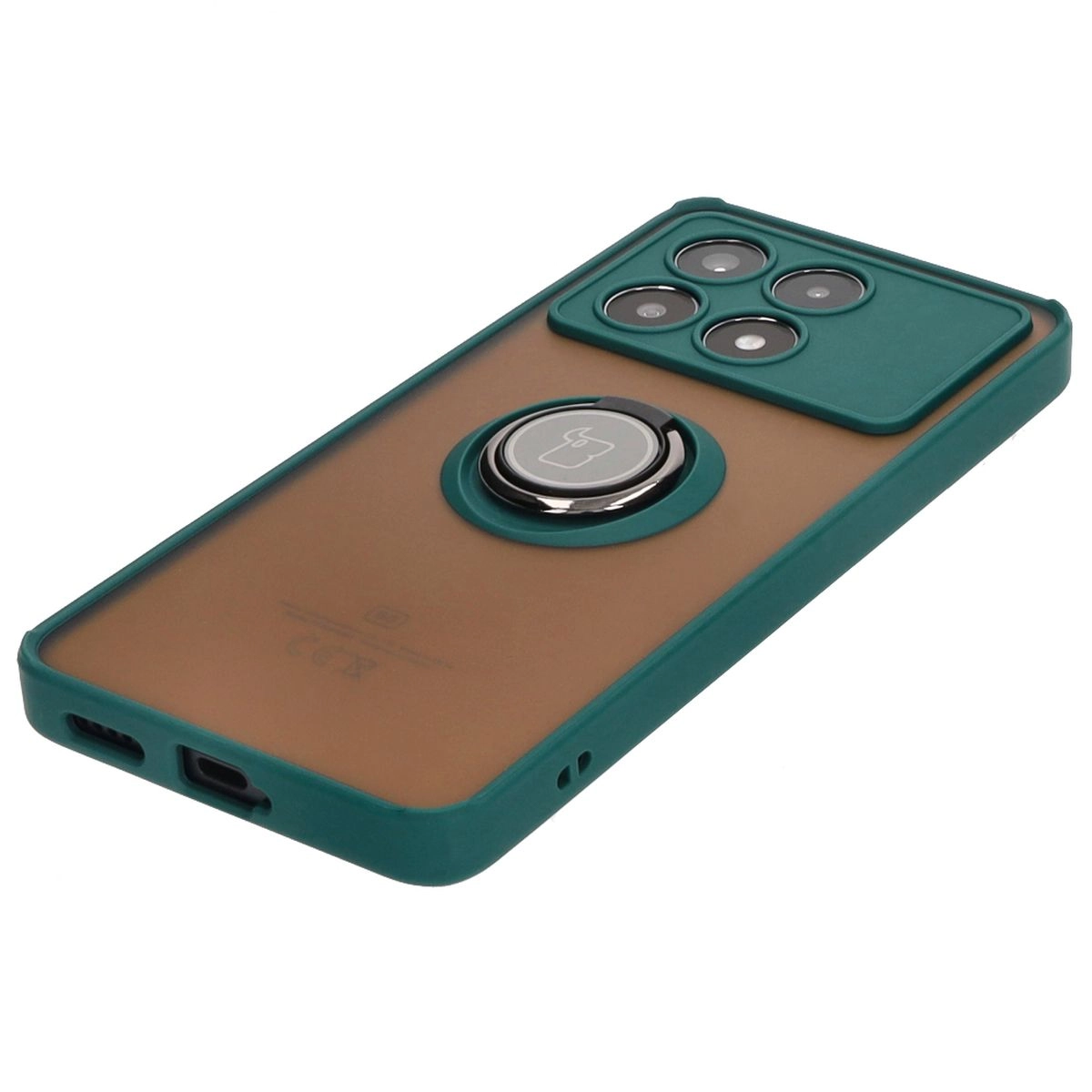Etui Bizon z uchwytem na palec Hybrid Ring do Xiaomi Poco X6 Pro Przydymione z ciemnozieloną ramką