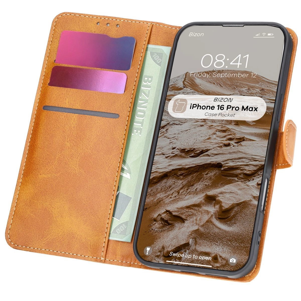Etui Bizon z klapką Pocket do iPhone 16 Pro Max Brązowy