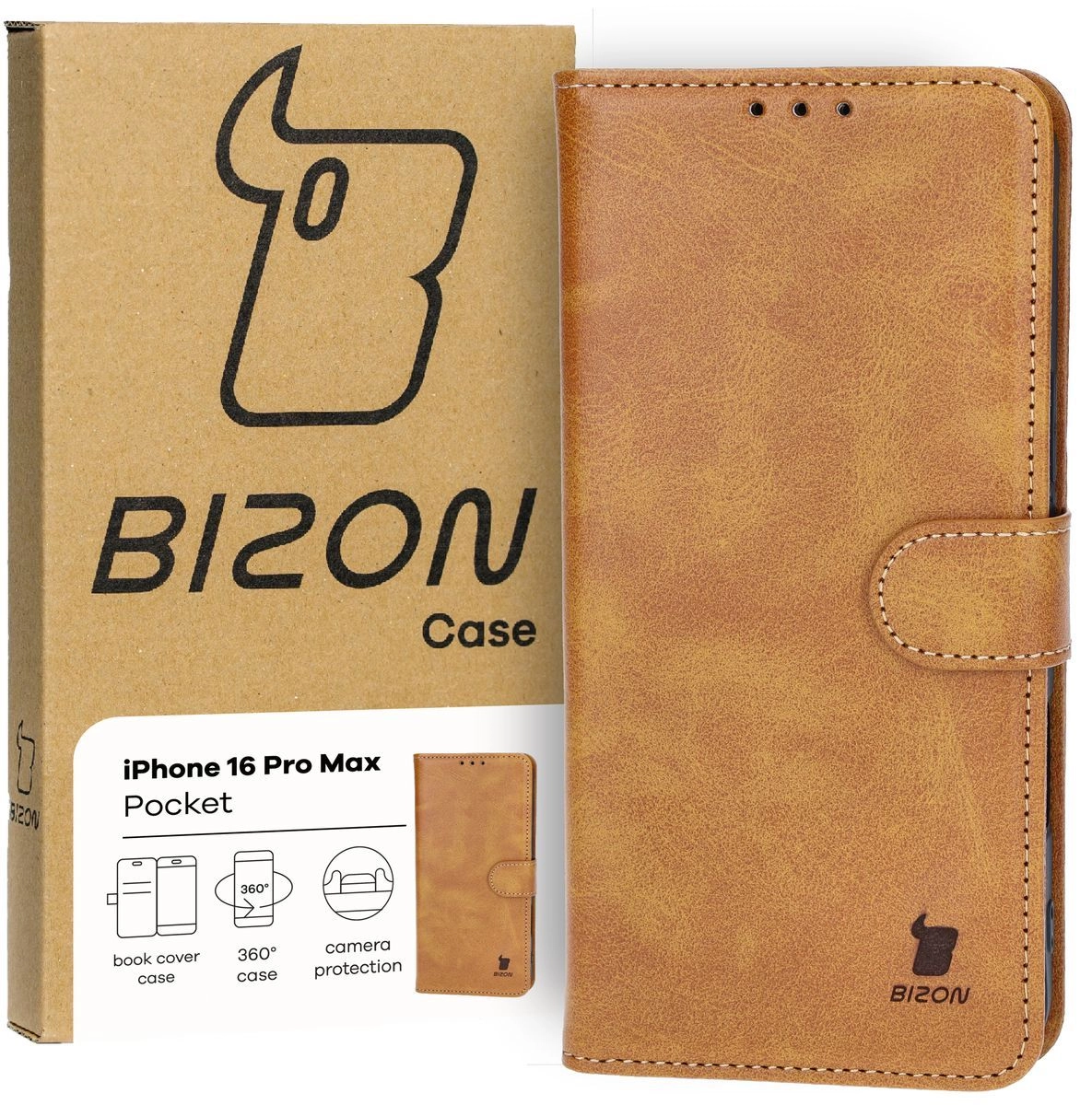 Etui Bizon z klapką Pocket do iPhone 16 Pro Max Brązowy