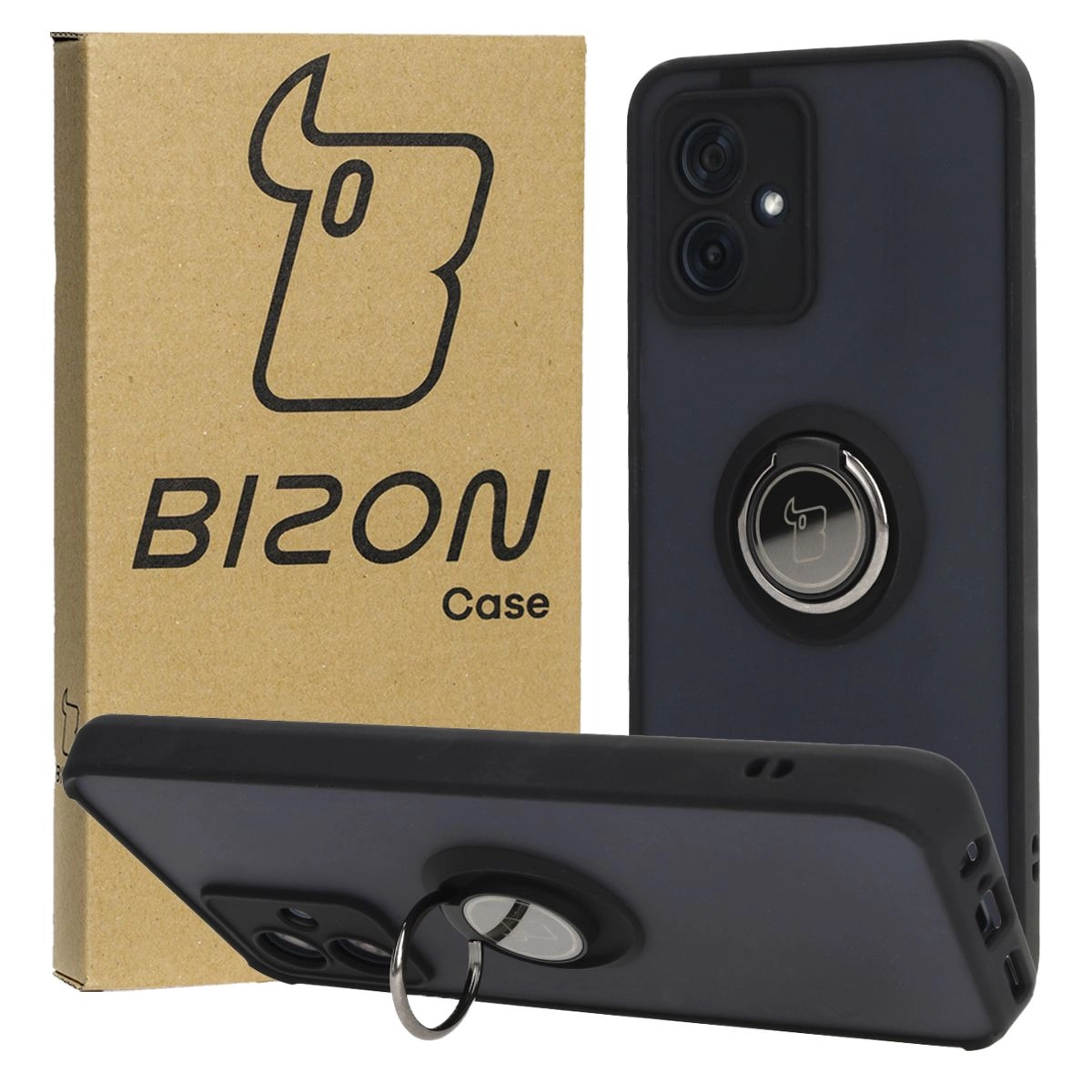 Etui Bizon z uchwytem na palec Hybrid Ring do Motorola Moto G54 5G/G54 Power Przydymione z czarną ramką