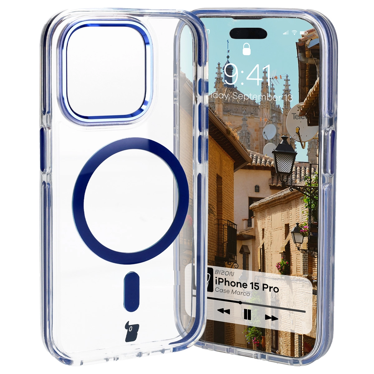 Etui Bizon Marco z MagSafe do iPhone 15 Pro Przezroczyste z niebieską ramką