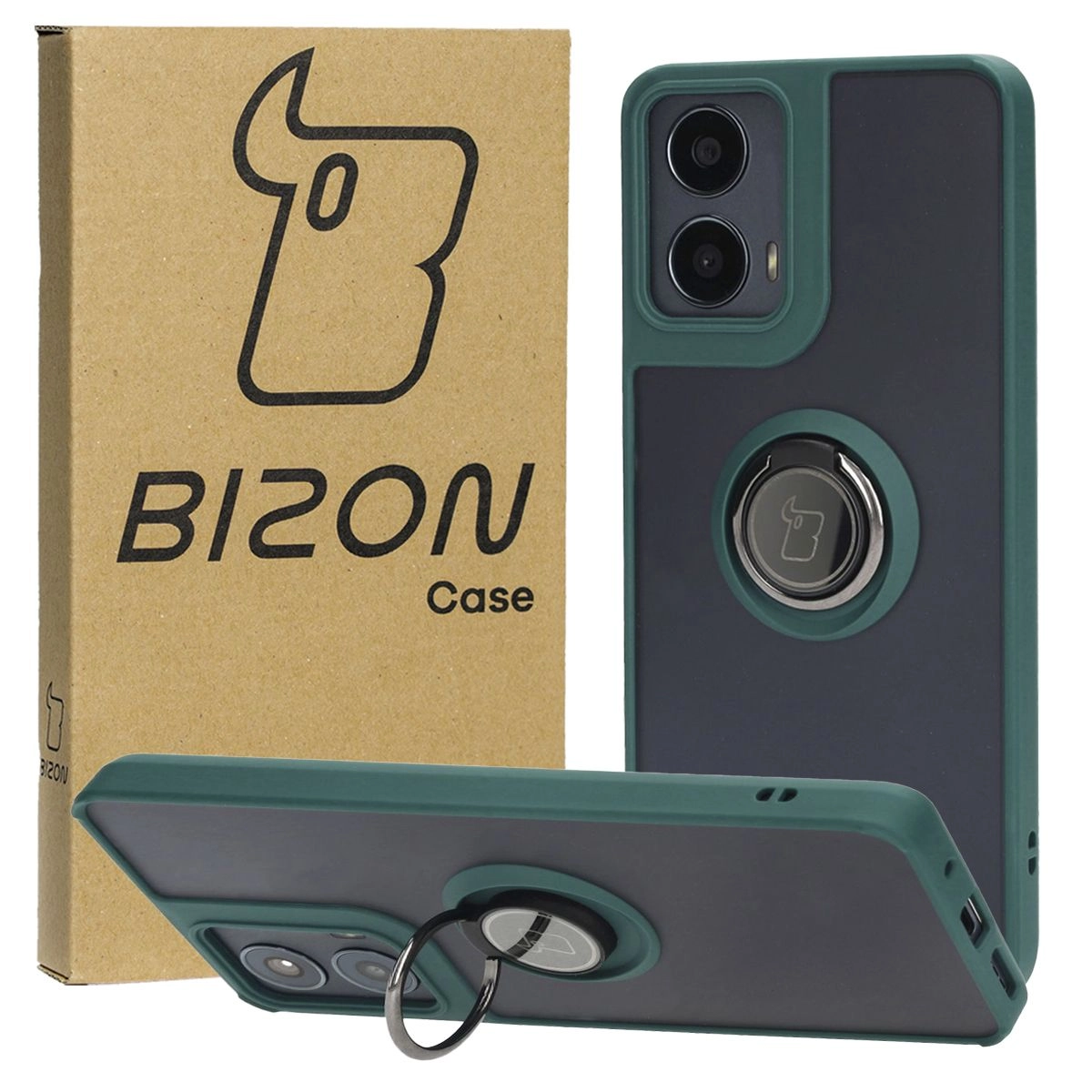 Etui Bizon z uchwytem na palec Hybrid Ring do Motorola Moto G04/G24/ G24 Power Przydymione z ciemnozieloną ramką