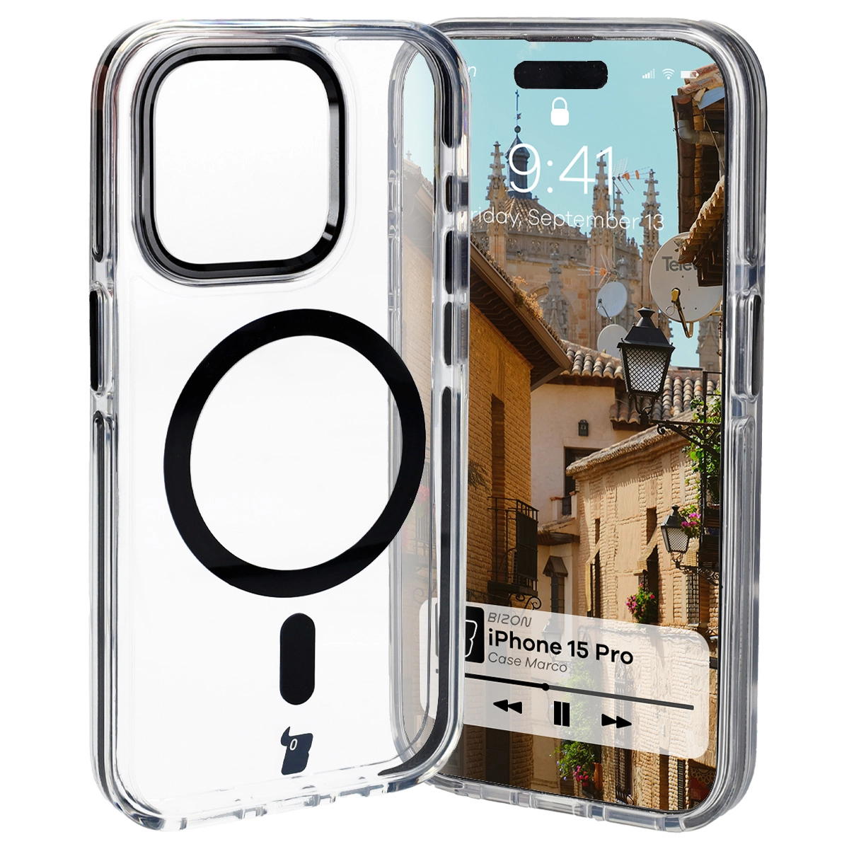 Etui Bizon Marco z MagSafe do iPhone 15 Pro Przezroczyste z czarną ramką