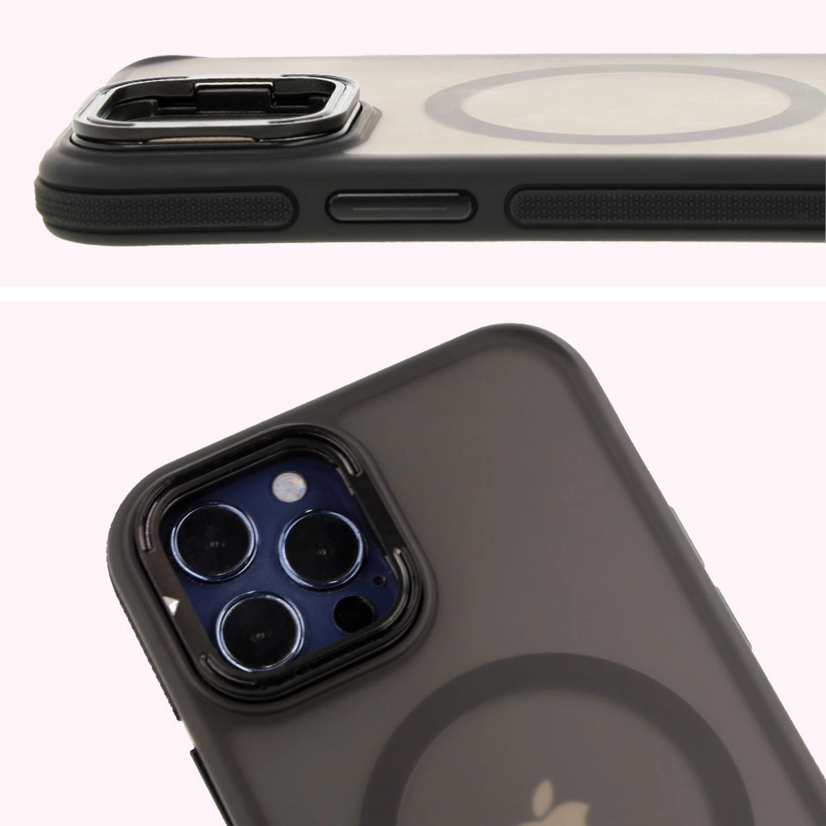 Etui Bizon Eclipse z MagSafe i podstawką do iPhone 12 / iPhone 12 Pro Przydymione z czarną ramką