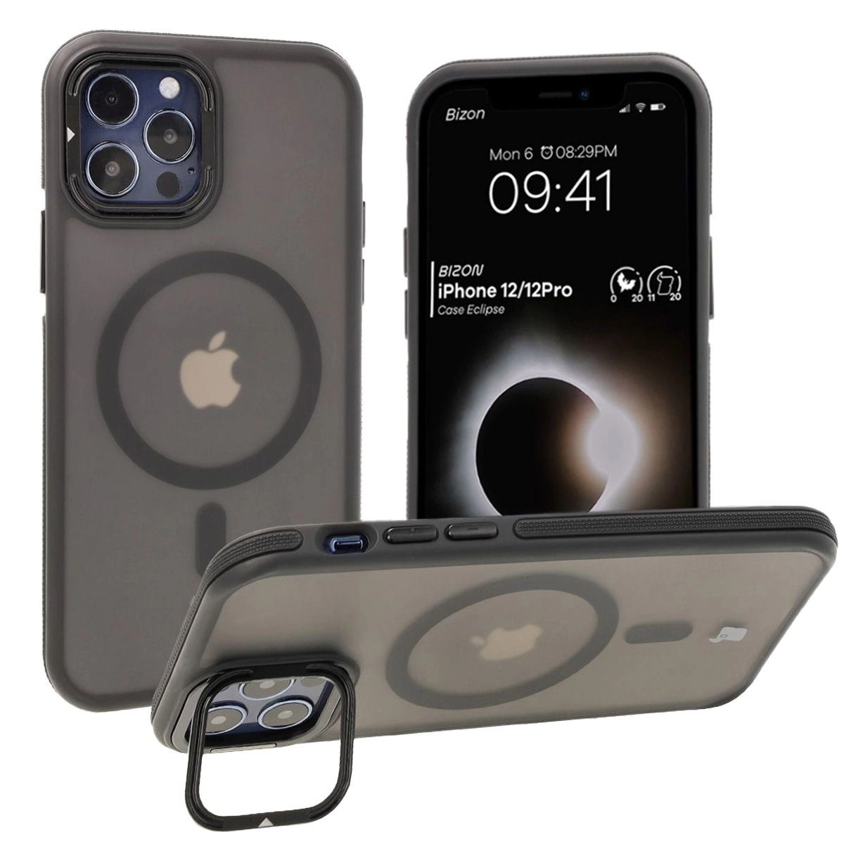 Etui Bizon Eclipse z MagSafe i podstawką do iPhone 12 / iPhone 12 Pro Przydymione z czarną ramką