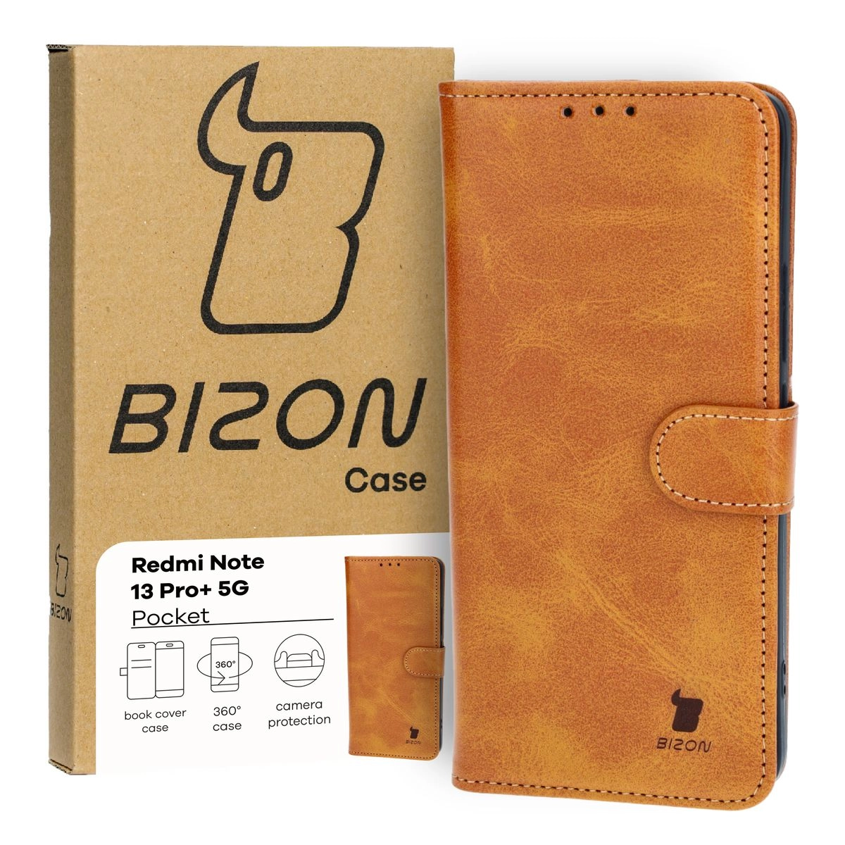 Etui Bizon z klapką Pocket do Xiaomi Redmi Note 13 Pro+ 5G Brązowy