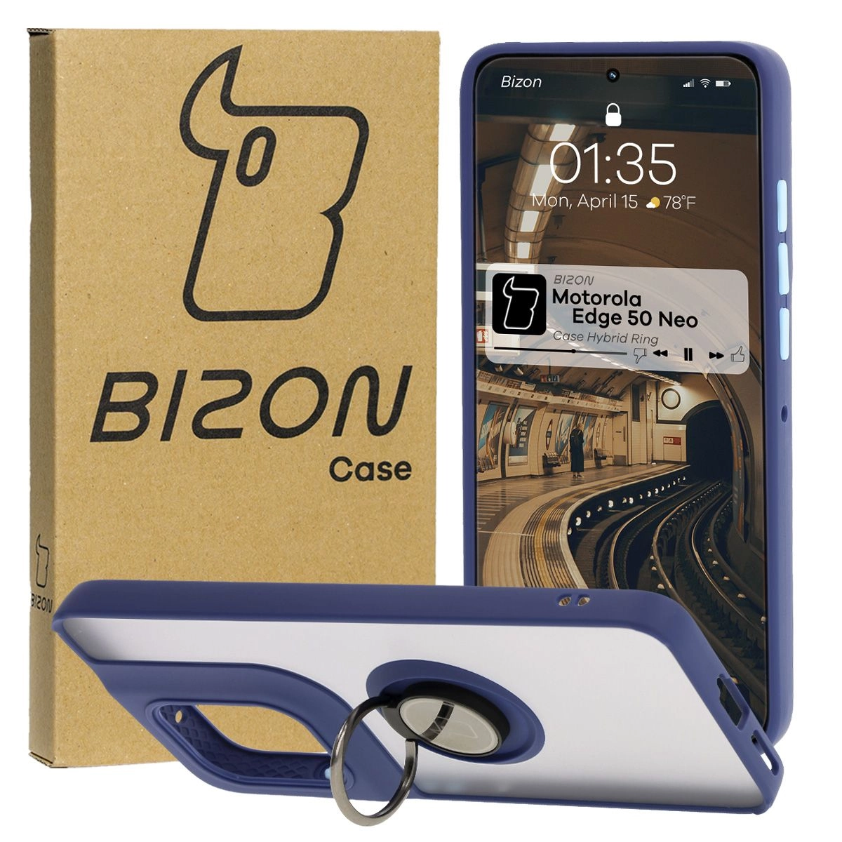 Etui Bizon z uchwytem na palec Hybrid Ring do Motorola Edge 50 Neo Przydymione z granatową ramką