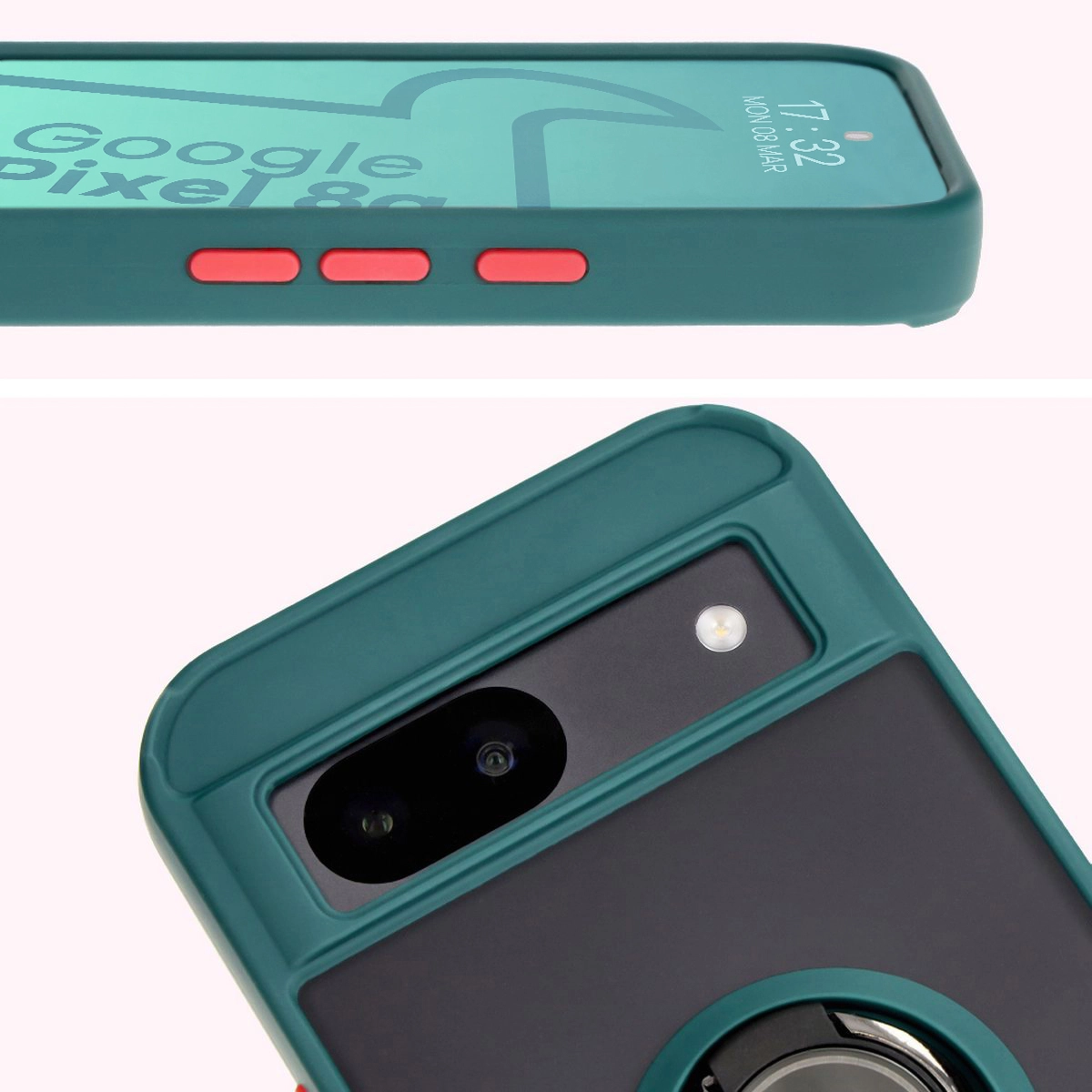 Etui Bizon z uchwytem na palec Hybrid Ring do Google Pixel 8a Przydymione z ciemnozieloną ramką