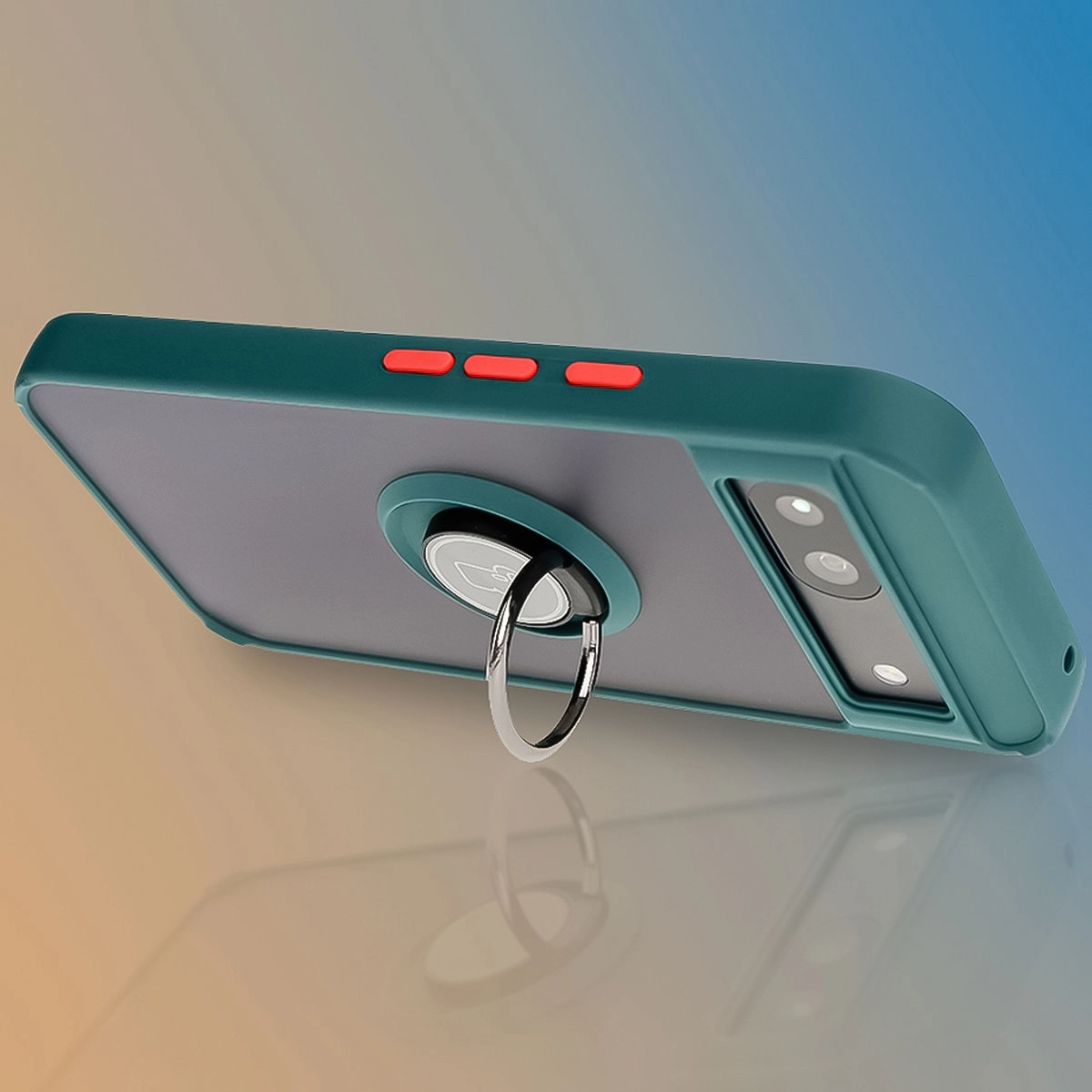 Etui Bizon z uchwytem na palec Hybrid Ring do Google Pixel 8a Przydymione z ciemnozieloną ramką