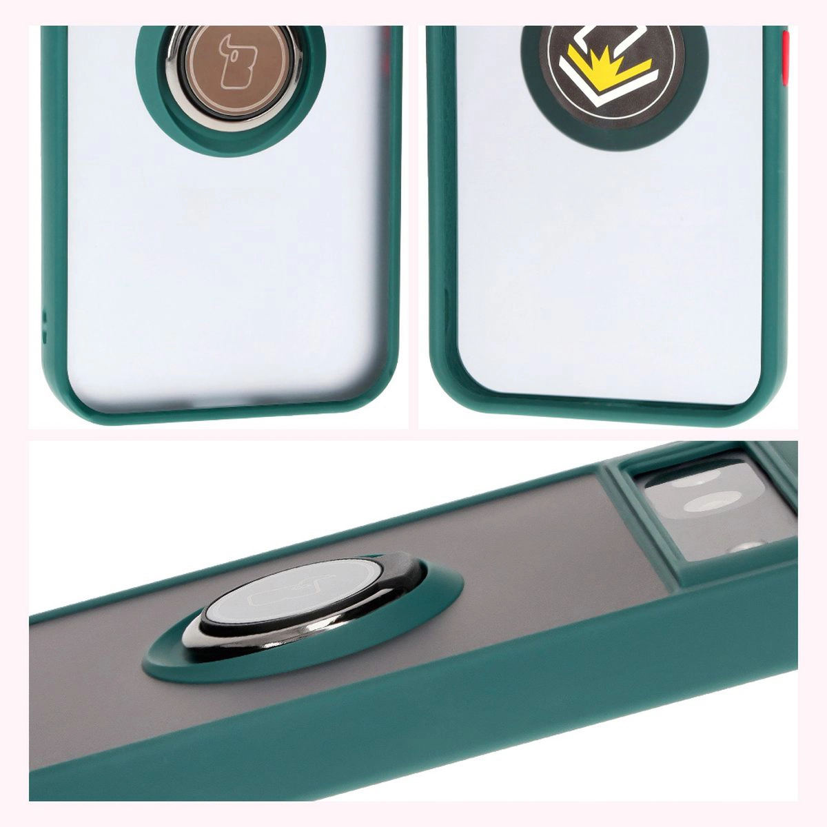 Etui Bizon z uchwytem na palec Hybrid Ring do Google Pixel 8a Przydymione z ciemnozieloną ramką
