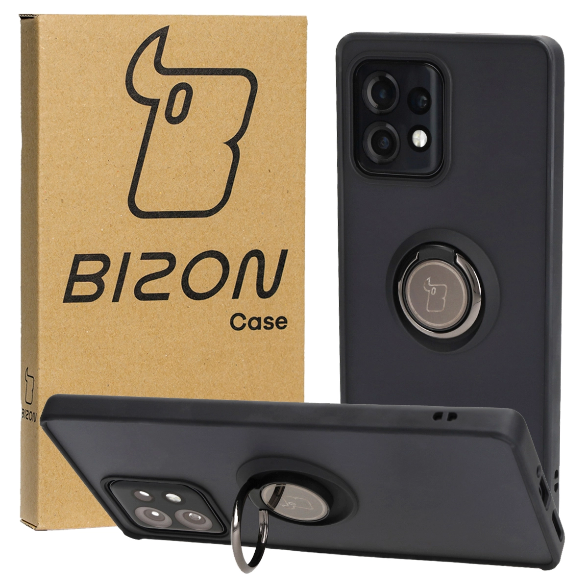 Etui Bizon z uchwytem na palec Hybrid Ring do Motorola Edge 40 Pro Przydymione z czarną ramką