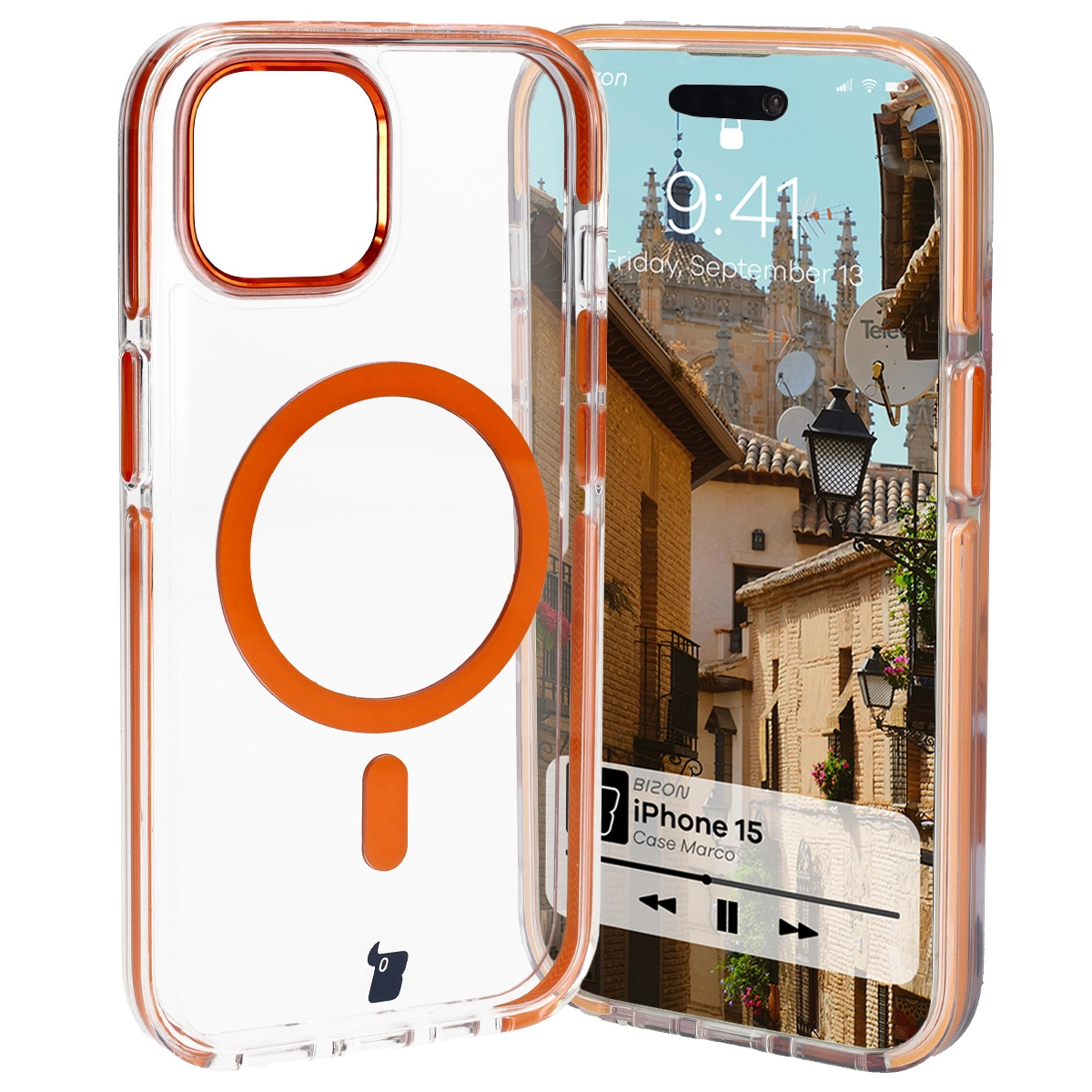 Etui Bizon Marco z MagSafe do iPhone 15 Przezroczyste z pomarańczową ramką