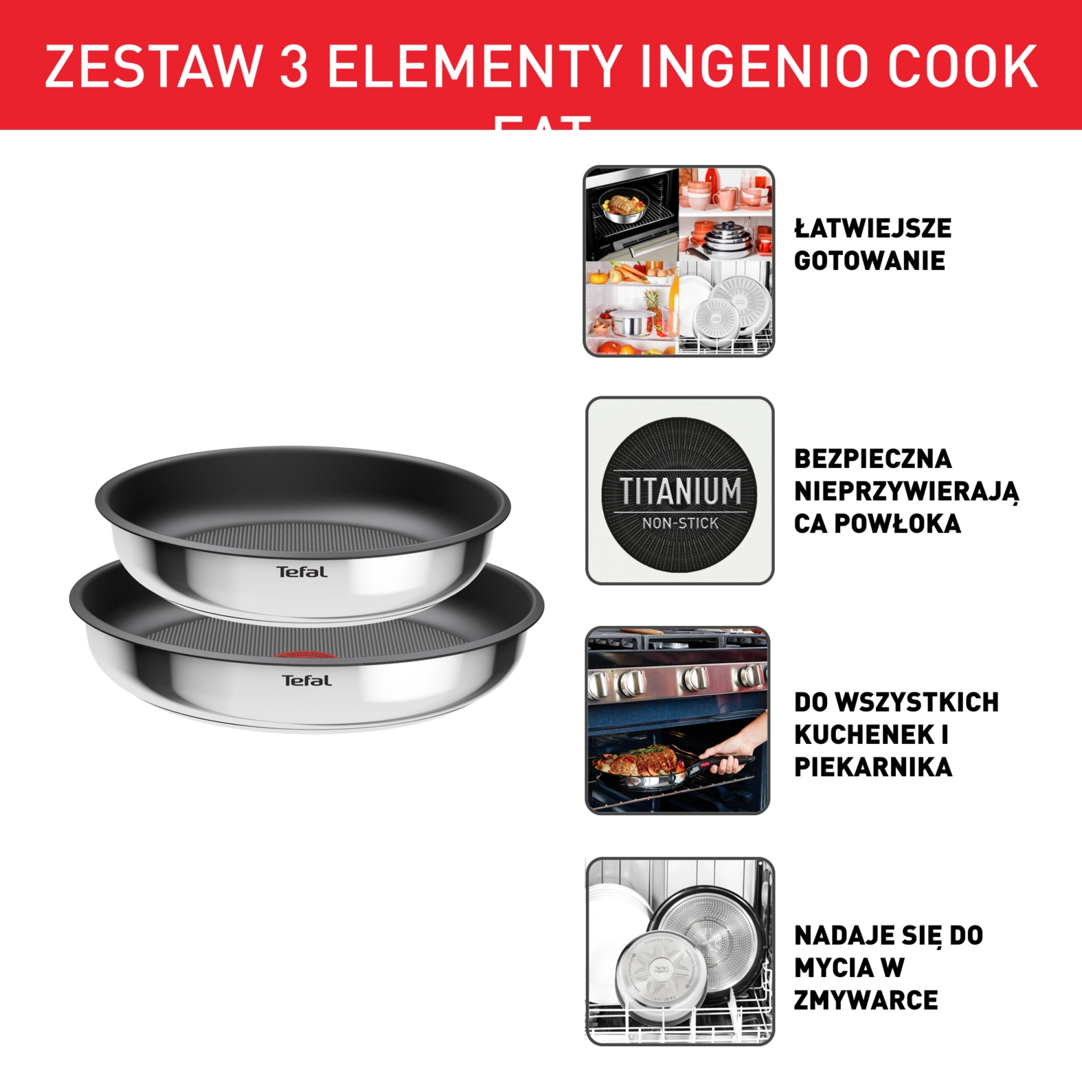 Zestaw patelni Tefal Cook Eat L8813S75 Indukcja Titanium 22cm, 26cm