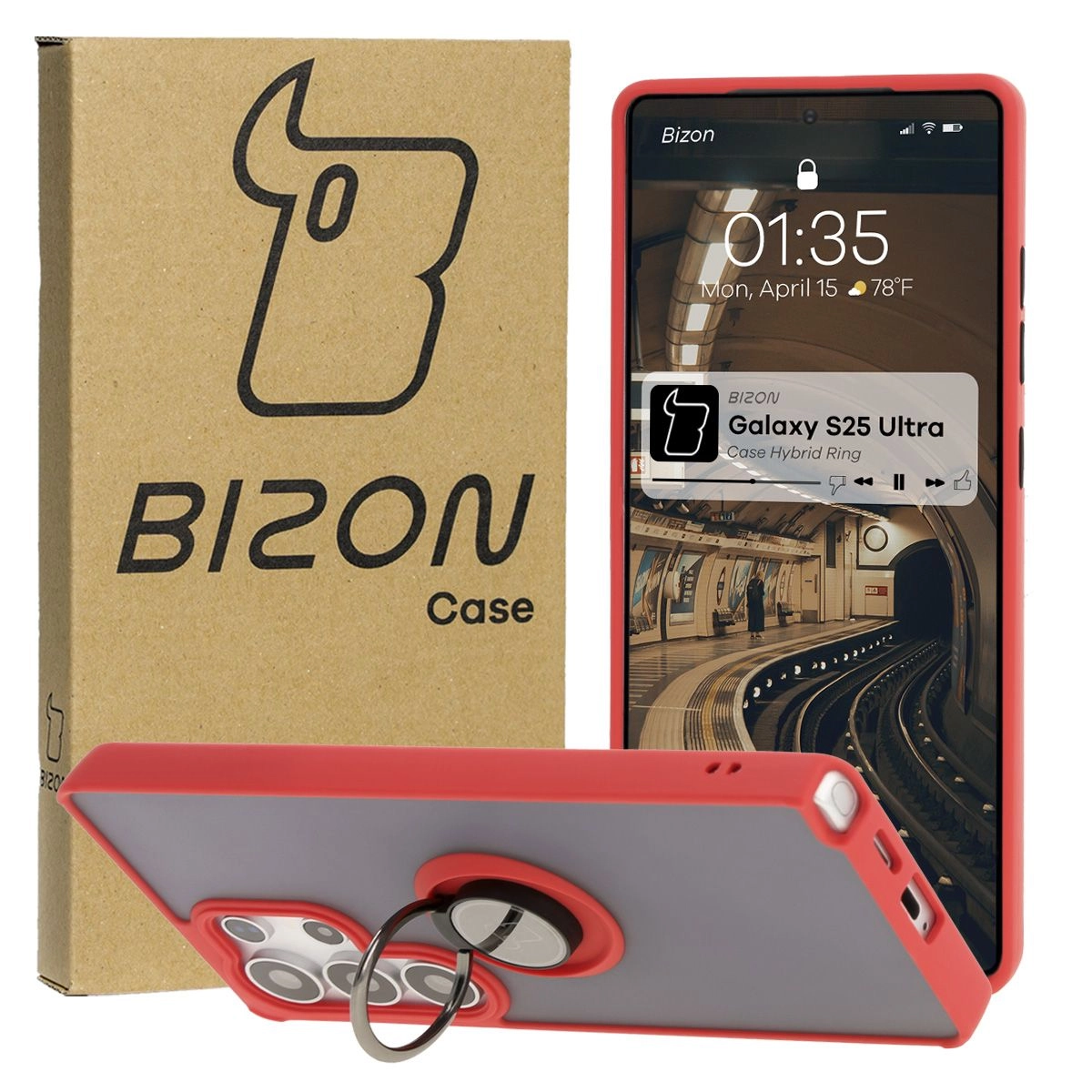 Etui Bizon z uchwytem na palec Hybrid Ring do Galaxy S25 Ultra Przydymione z czerwoną ramką