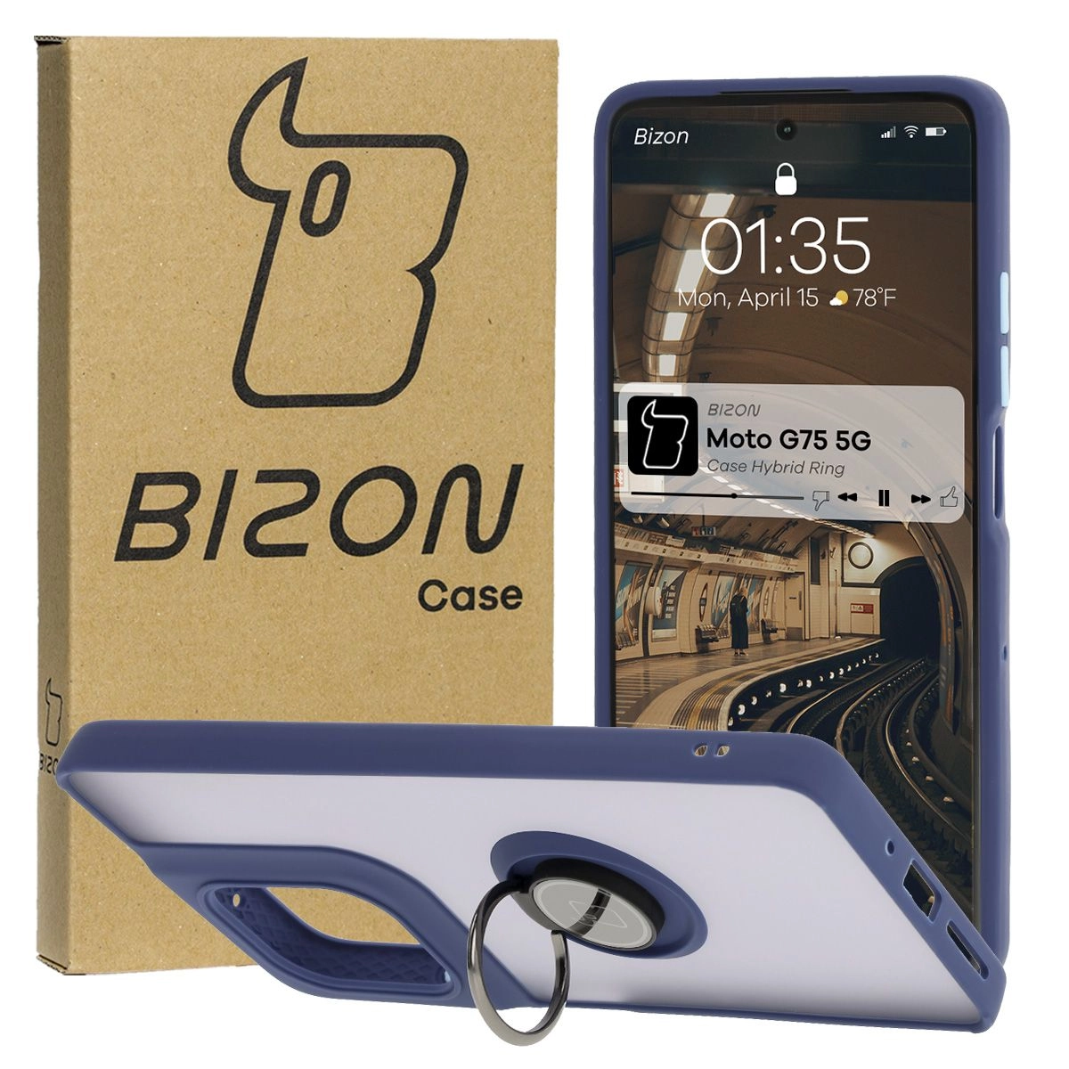 Etui Bizon z uchwytem na palec Hybrid Ring do Motorola Moto G75 5G Przydymione z granatową ramką