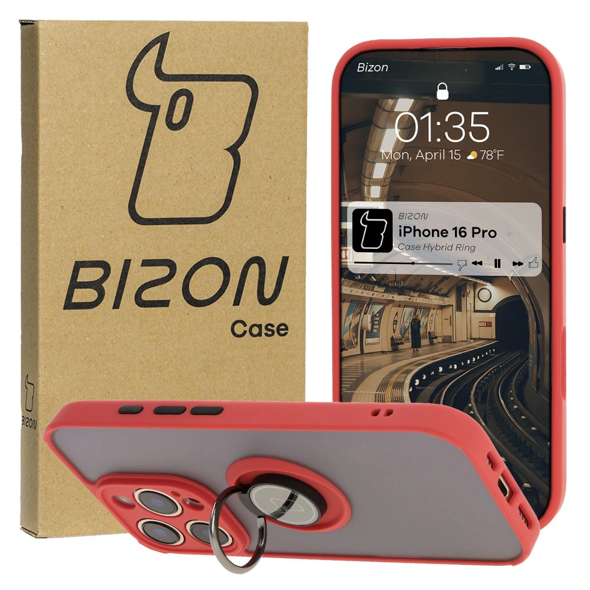 Etui Bizon z uchwytem na palec Hybrid Ring do iPhone 16 Pro Przydymione z czerwoną ramką