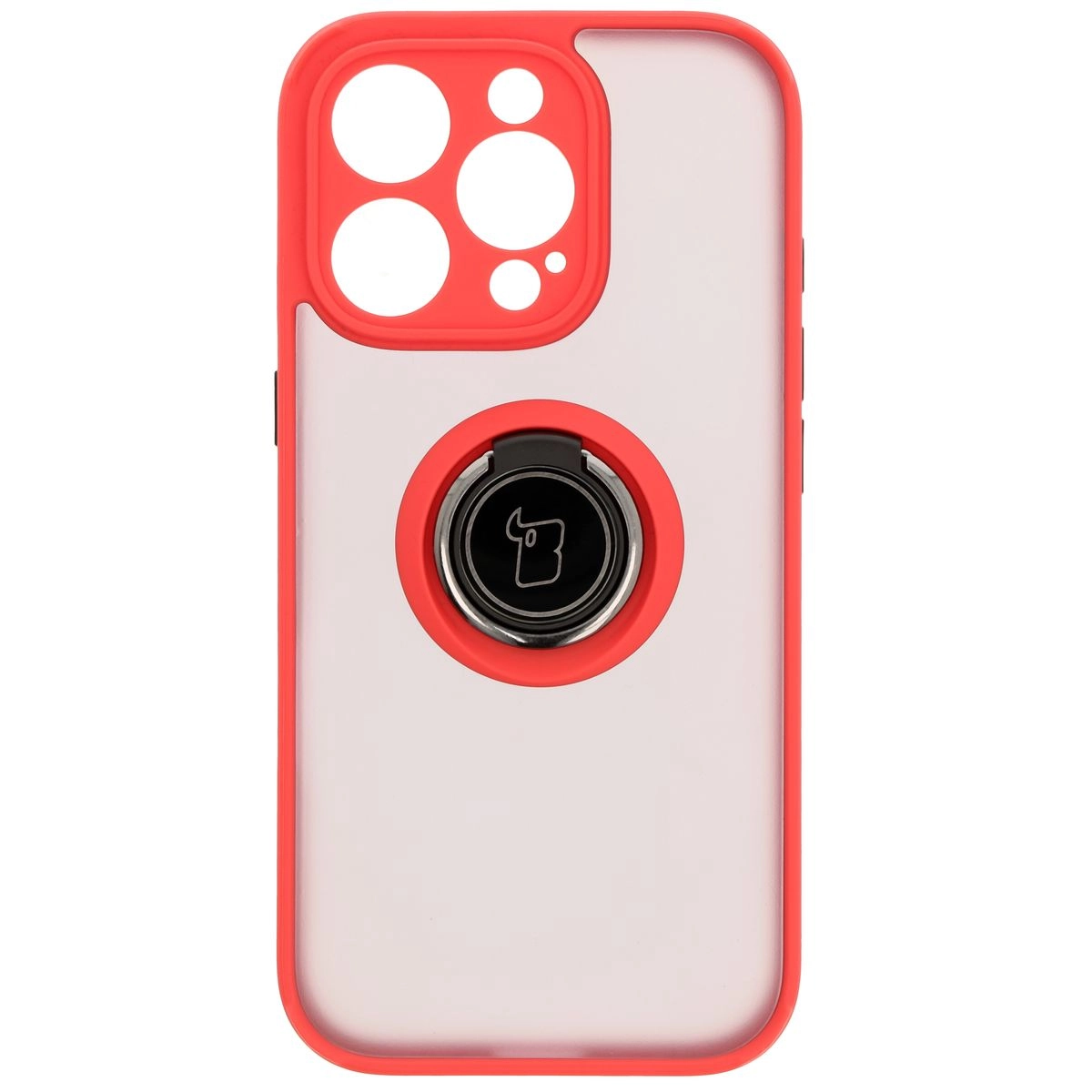 Etui Bizon z uchwytem na palec Hybrid Ring do iPhone 16 Pro Przydymione z czerwoną ramką