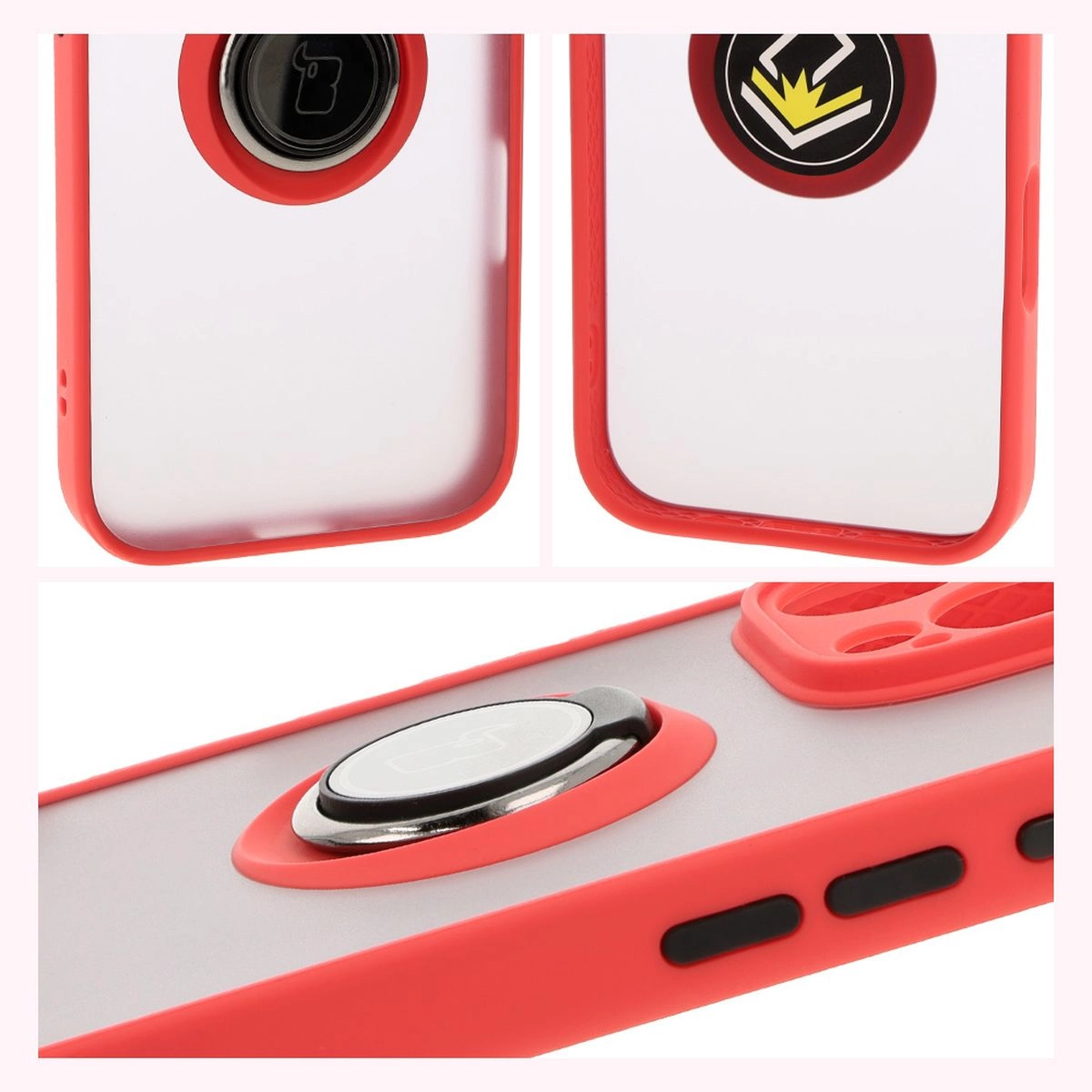 Etui Bizon z uchwytem na palec Hybrid Ring do iPhone 16 Pro Przydymione z czerwoną ramką