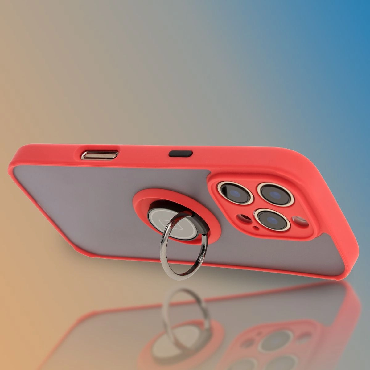 Etui Bizon z uchwytem na palec Hybrid Ring do iPhone 16 Pro Przydymione z czerwoną ramką