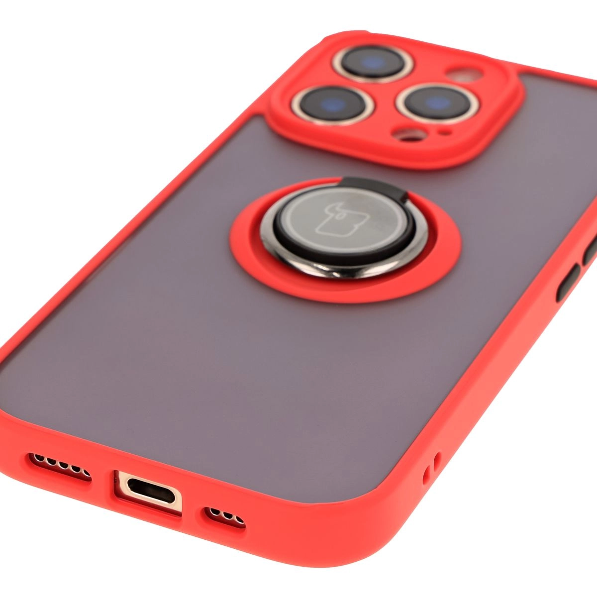 Etui Bizon z uchwytem na palec Hybrid Ring do iPhone 16 Pro Przydymione z czerwoną ramką