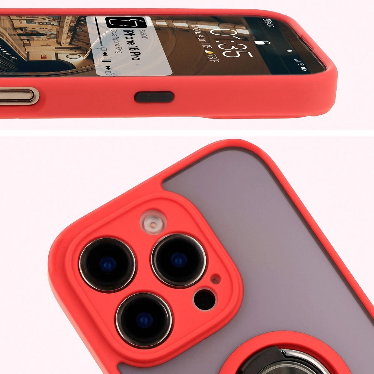 Etui Bizon z uchwytem na palec Hybrid Ring do iPhone 16 Pro Przydymione z czerwoną ramką