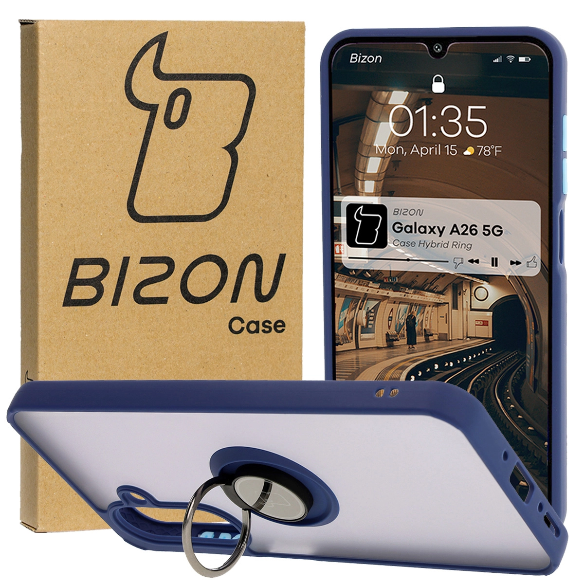 Etui Bizon z uchwytem na palec Hybrid Ring do Galaxy A26 5G Przydymione z granatową ramką
