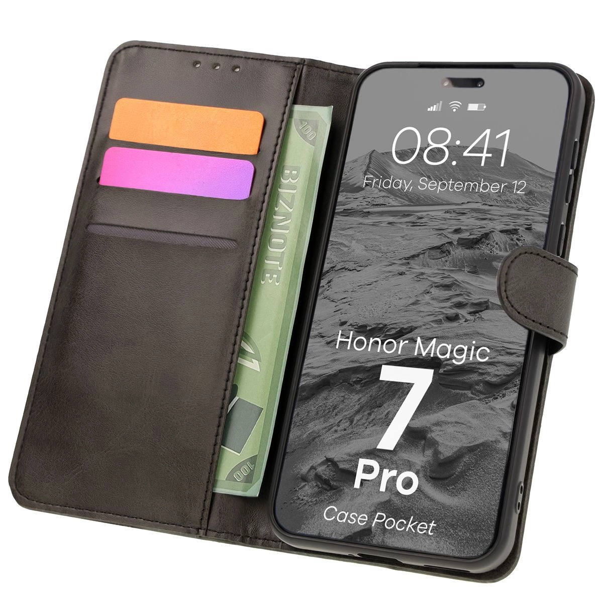 Etui Bizon z klapką Pocket do Honor Magic7 Pro Czarny