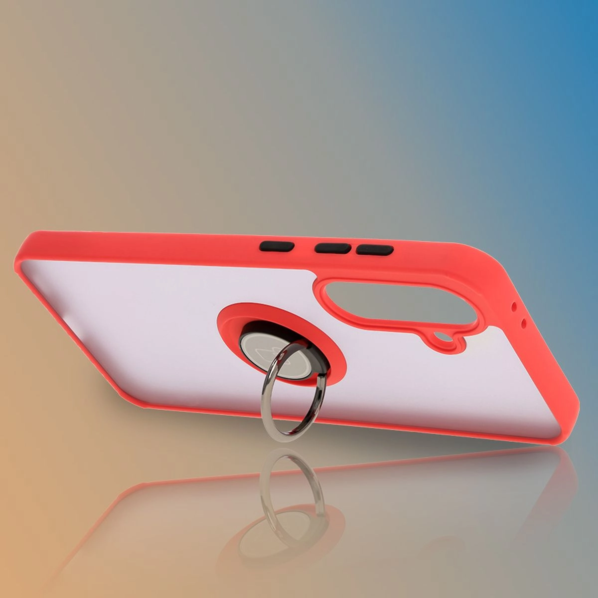 Etui Bizon z uchwytem na palec Hybrid Ring do Galaxy A36 5G / A56 5G Przydymione z czerwoną ramką
