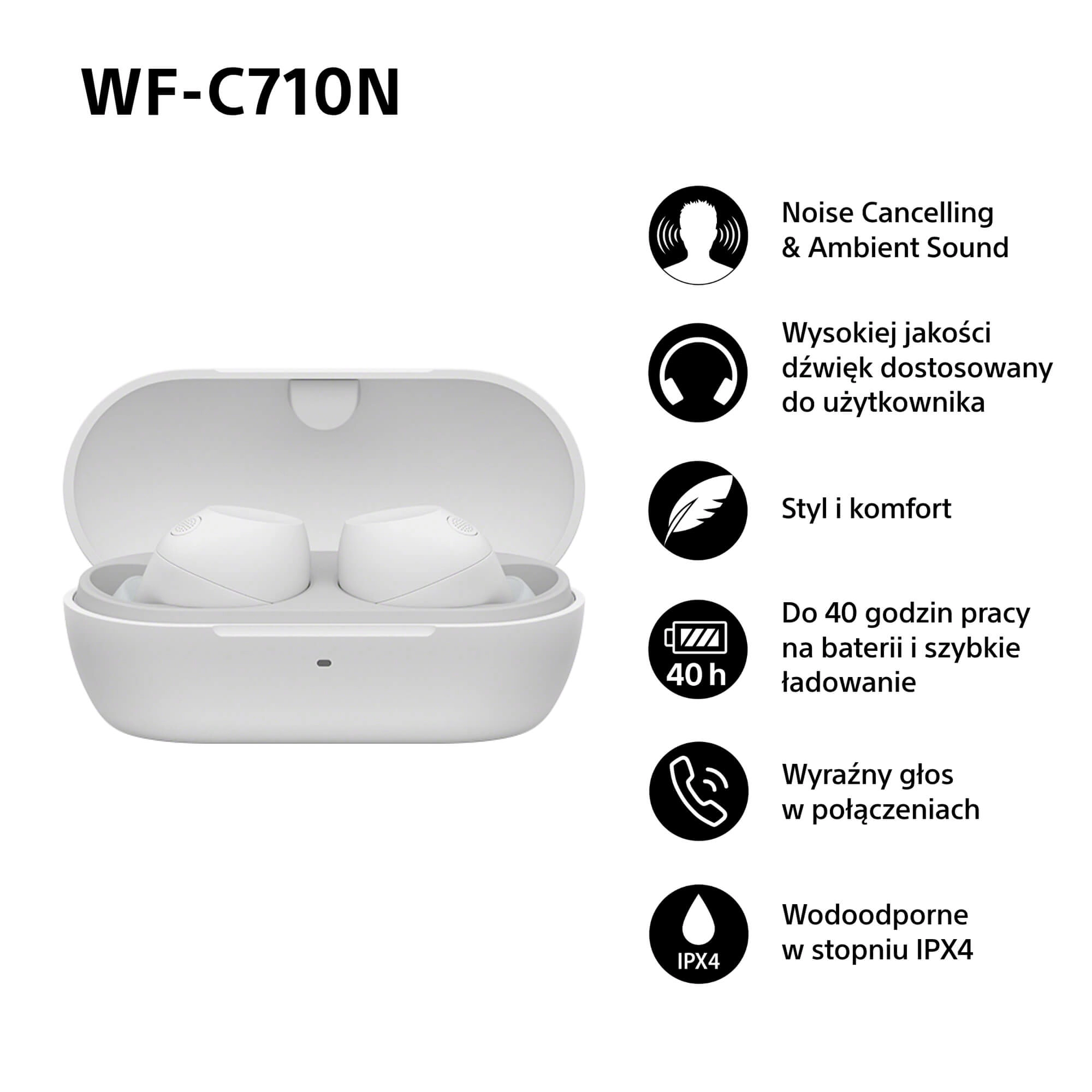 Słuchawki bezprzewodowe Sony WF-C710N ANC Dokanałowe Bluetooth 5.3 Biały