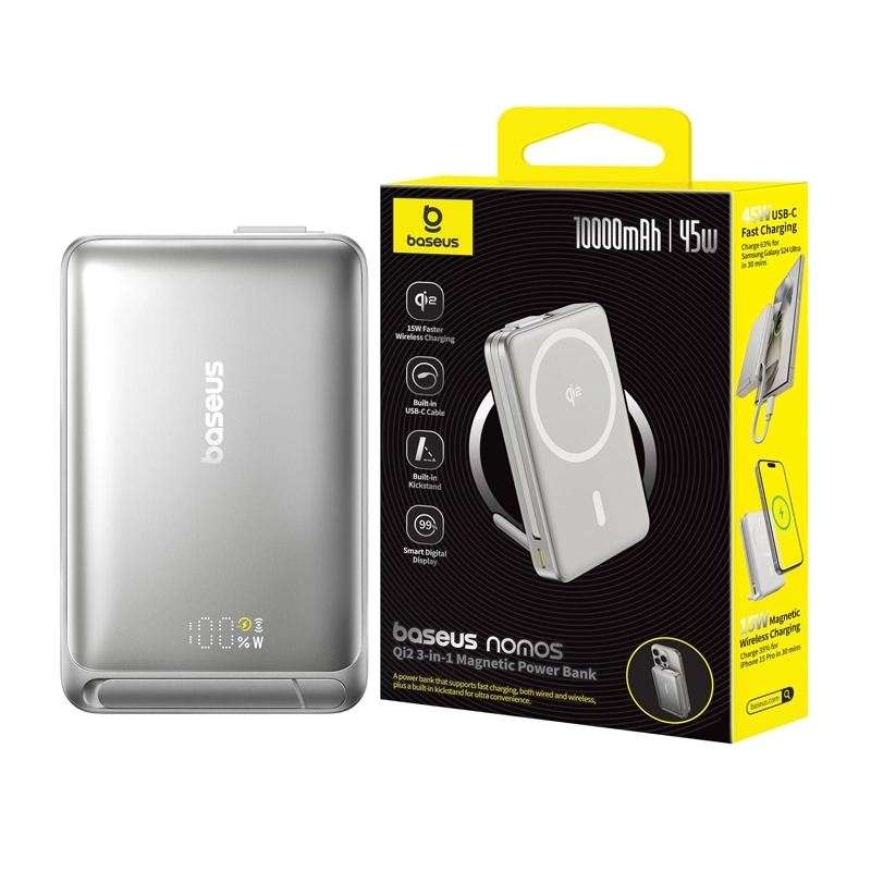 Powerbank Baseus Nomos Qi2, USB-C 10000mAh 45W Szary