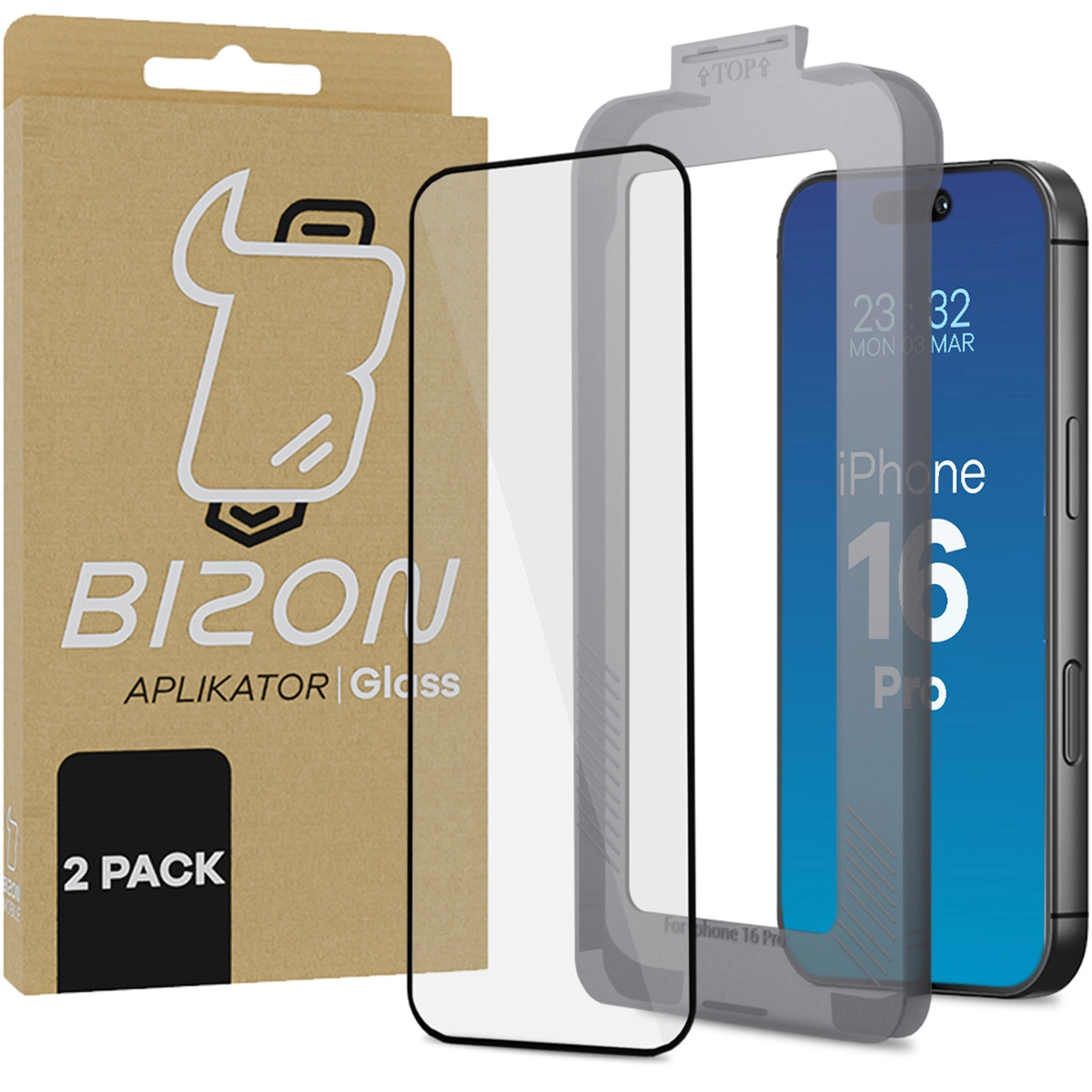 Szkło hartowane Bizon z ramką montażową Bizon Glass Aplikator do iPhone 16 Pro 2 sztuki