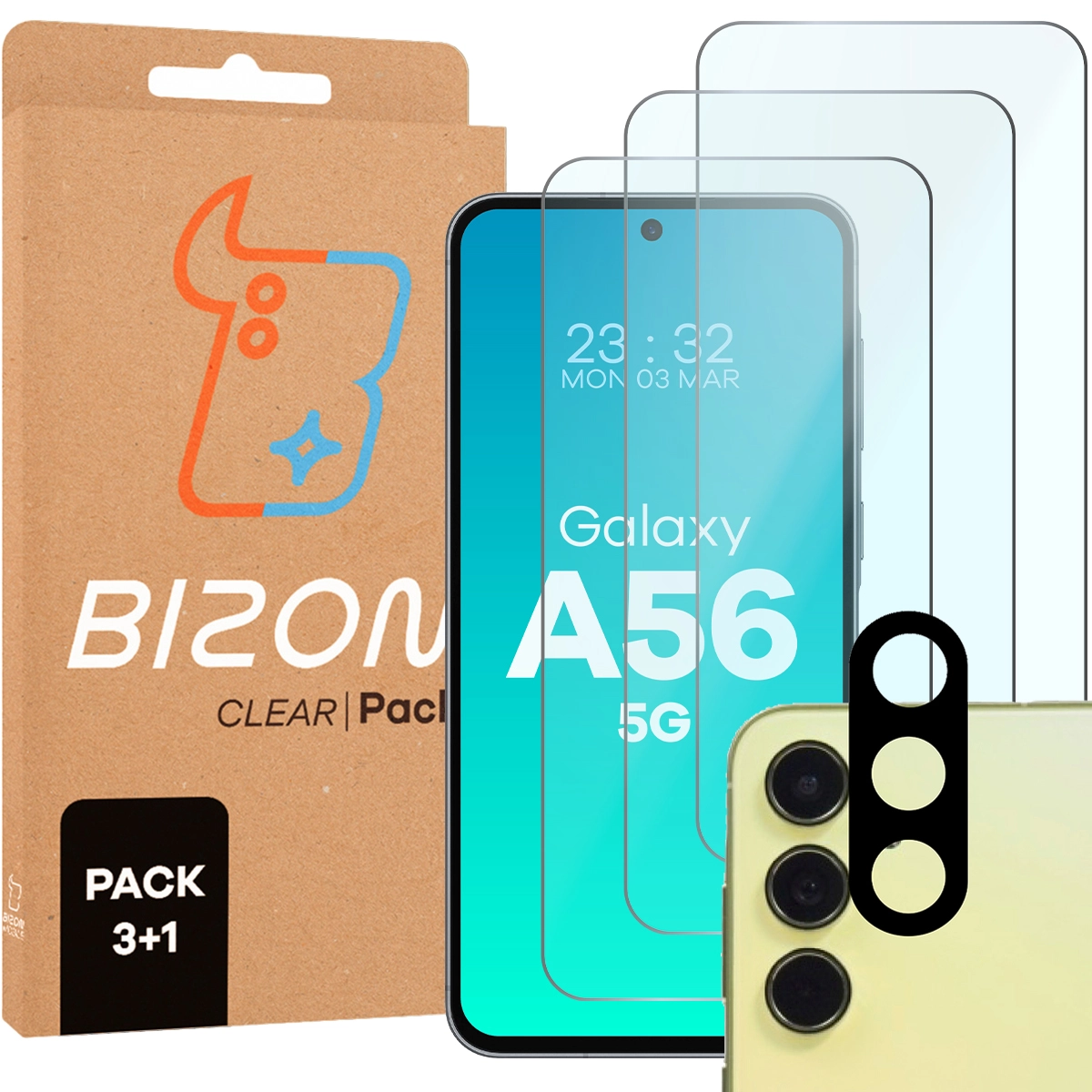 Zestaw ochronny Bizon 3x Szkło hartowane + szybka na aparat Clear 2 Pack do Galaxy A56 5G